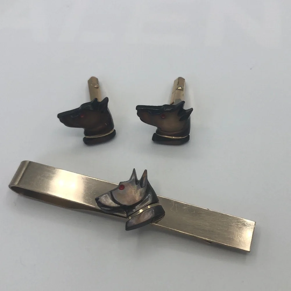 Mid century Mother of pearl dog head Cufflinks & Tie Bar VTG